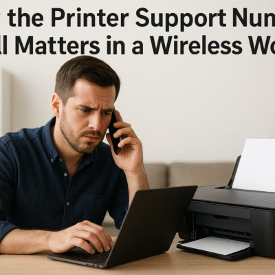 A user dialing printer support on their phone next to a flashing error message on their desktop printer.
