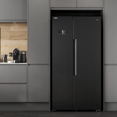 Black fridge in modern kitchen