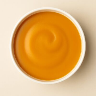 A vibrant, top-down shot of a creamy orange soup or smooth puree in a simple white bowl, perfect for showcasing texture and color in food photography.