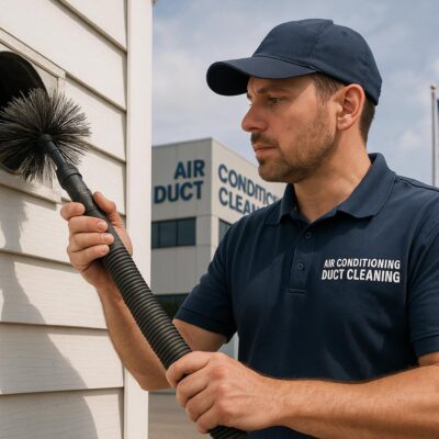 Technician performing Air Conditioning Duct Cleaning to improve indoor air quality and HVAC efficiency
