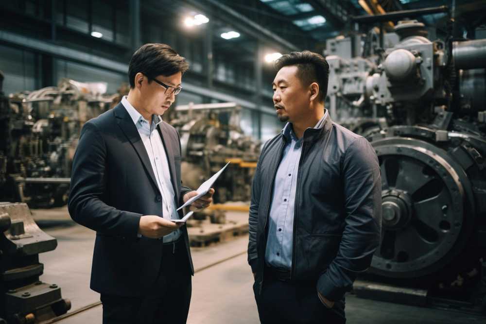 business people visiting heavy industrial area (illustration)
