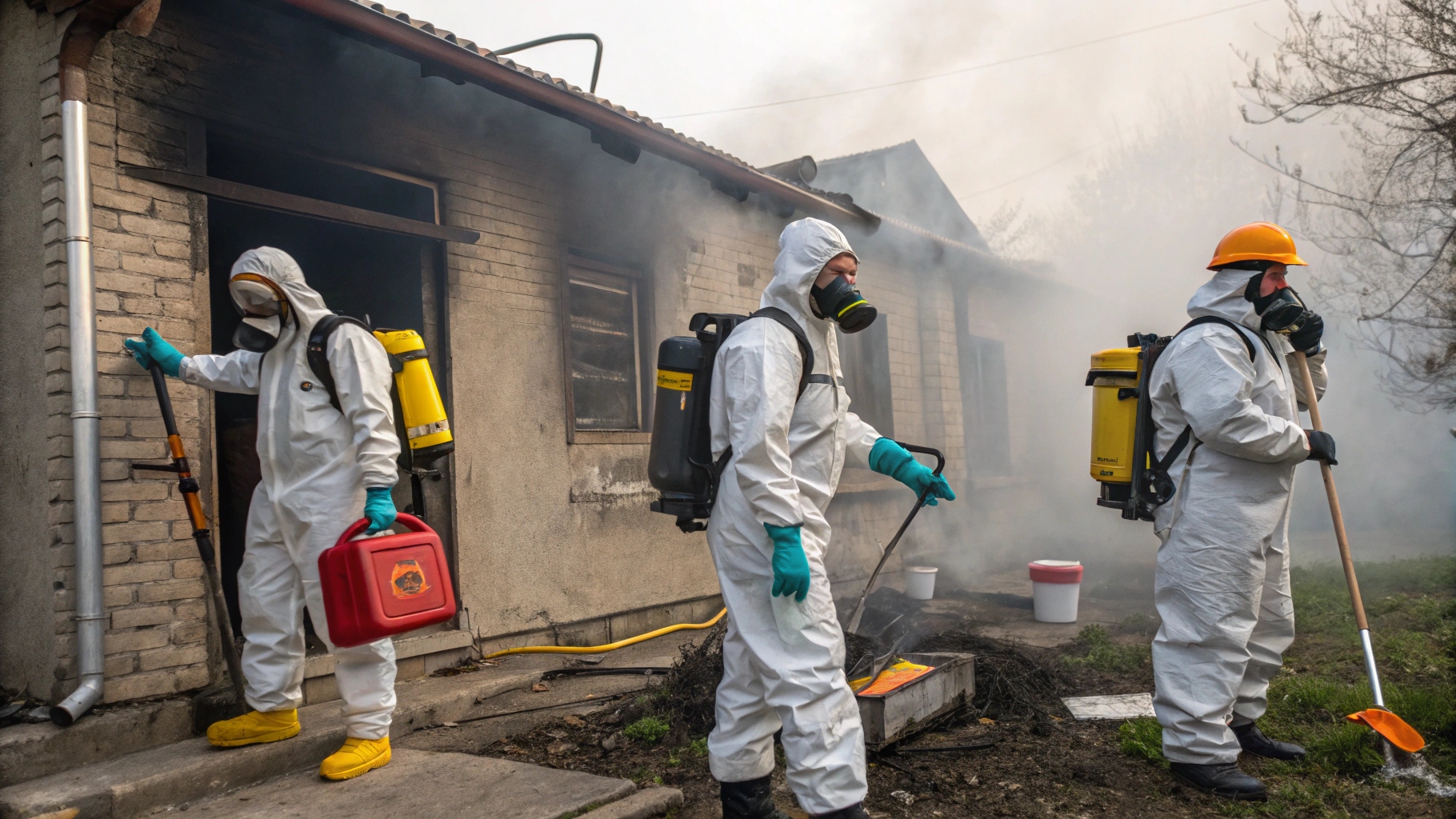 Cleanup professionals in full protective suits and respirators work outside a smoke-damaged building, using tools and equipment to manage post-fire debris and contamination.