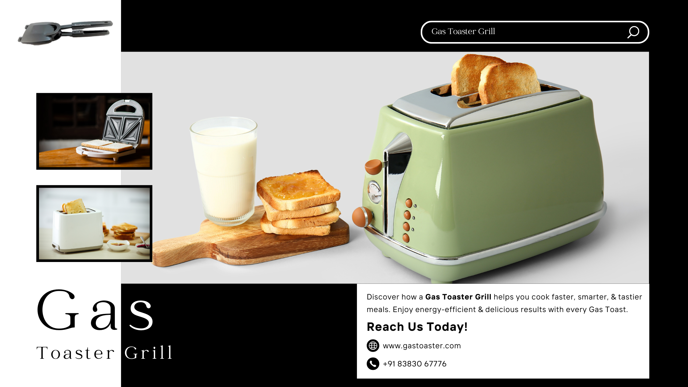 Modern green gas toaster grill with toasted bread, milk, and cutlery on a wooden board beside promotional details for Gas Toaster Grill.