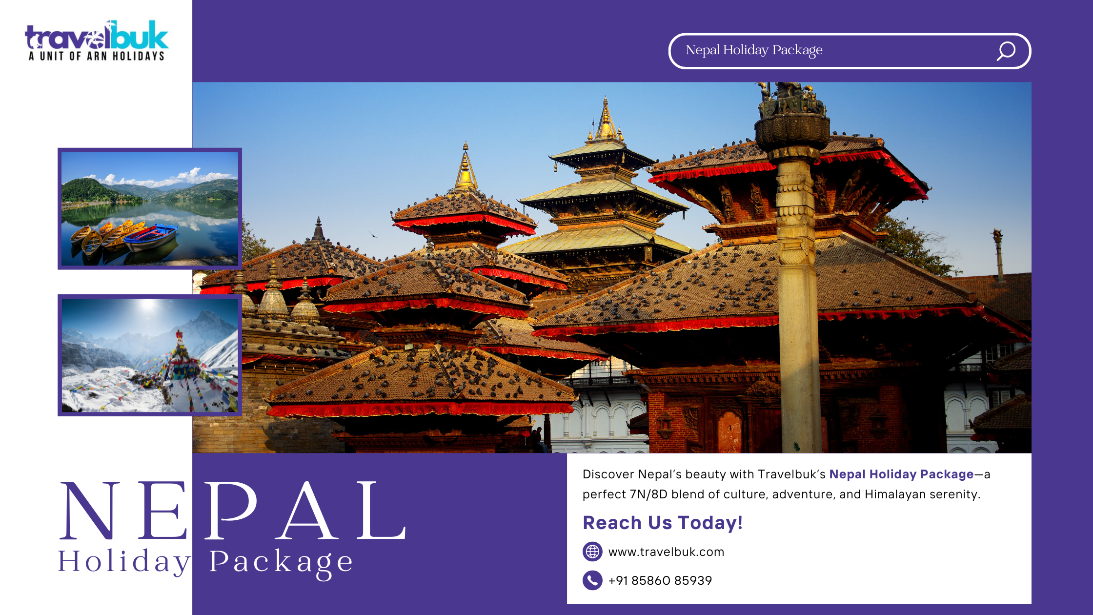 Traditional temples of Kathmandu with scenic Nepal landscapes promoting Travelbuk’s Nepal Holiday Package