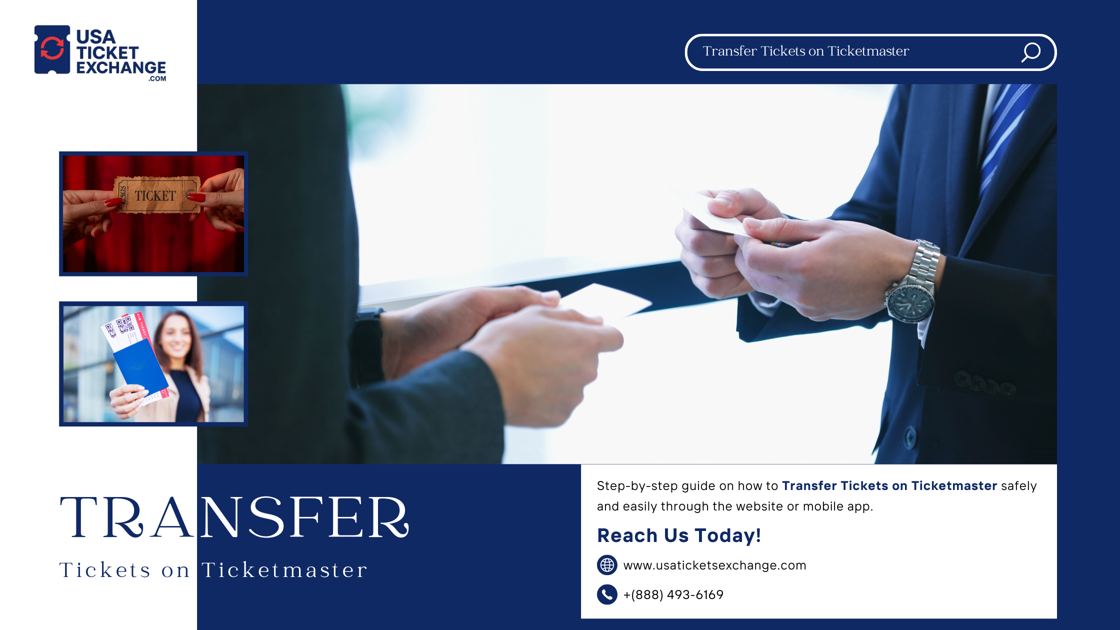 Two people exchanging event tickets with USA Tickets Exchange branding, illustrating how to transfer tickets on Ticketmaster safely and easily.