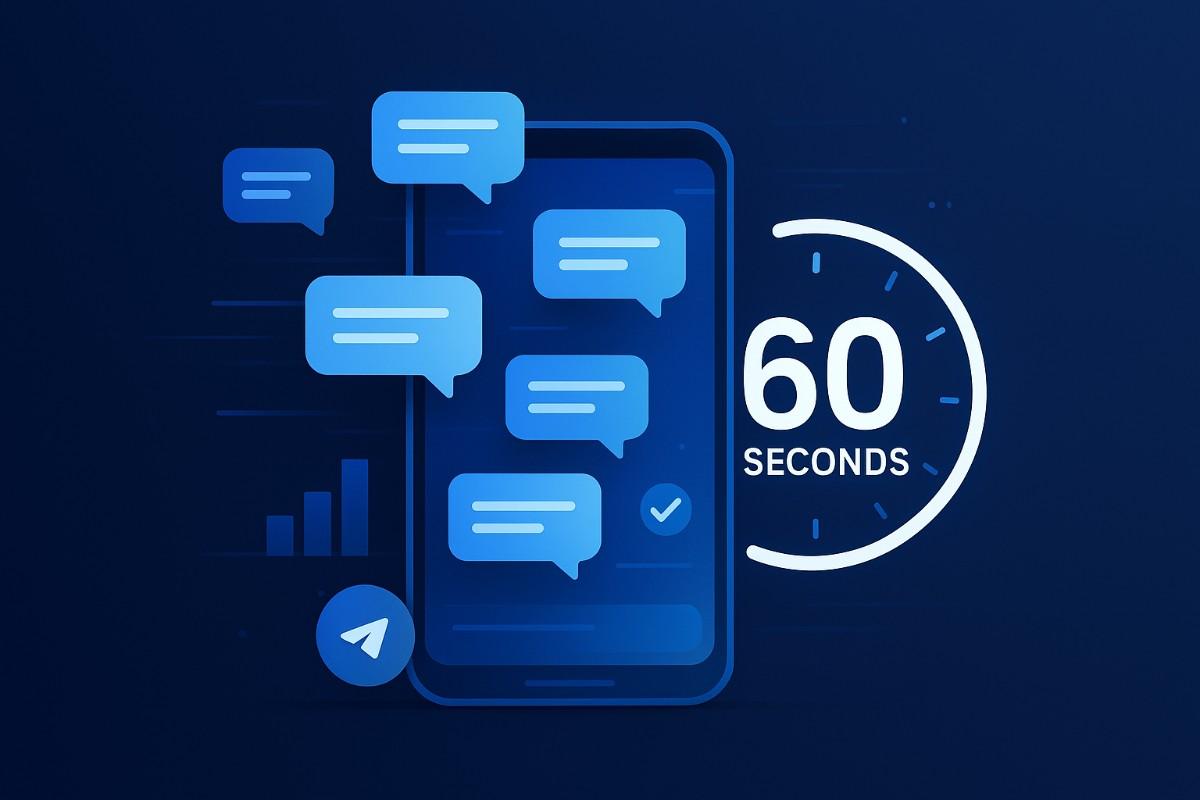 Illustration of instant bulk SMS delivery showing a smartphone with message statuses like Sent and Delivered, automated delivery lines, DLT-compliant messaging, and a 60-second dispatch timer in a futuristic digital interface.