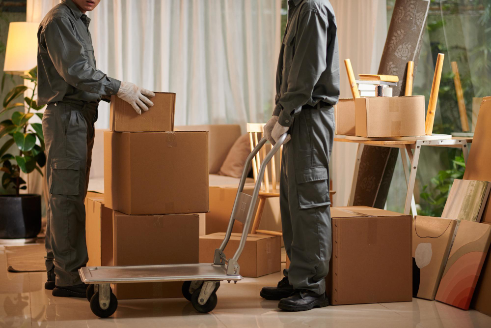 Movers with boxes of furniture and belongings