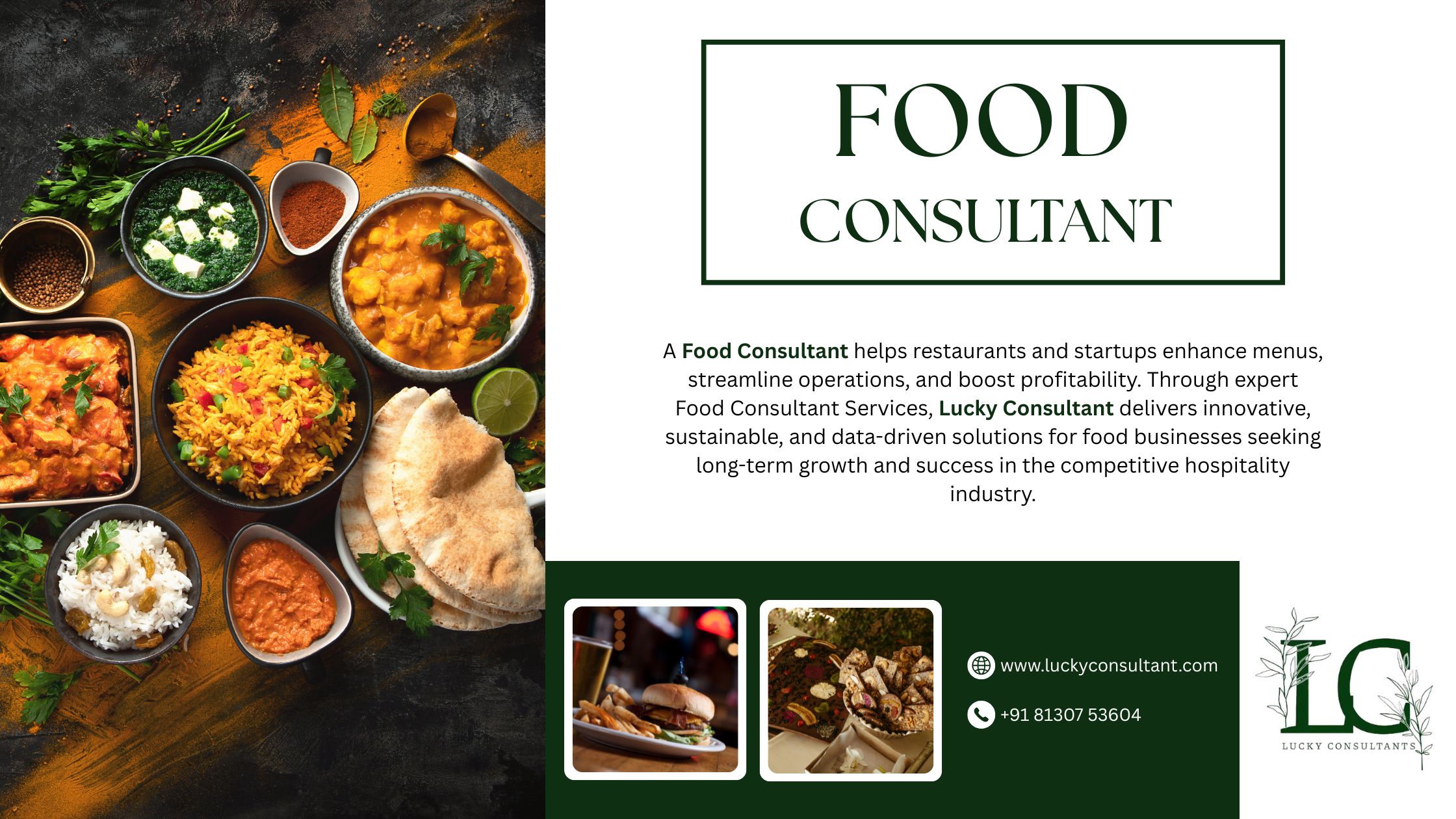 Food Consultant services banner showing Indian cuisine, restaurant dishes, and Lucky Consultant branding.