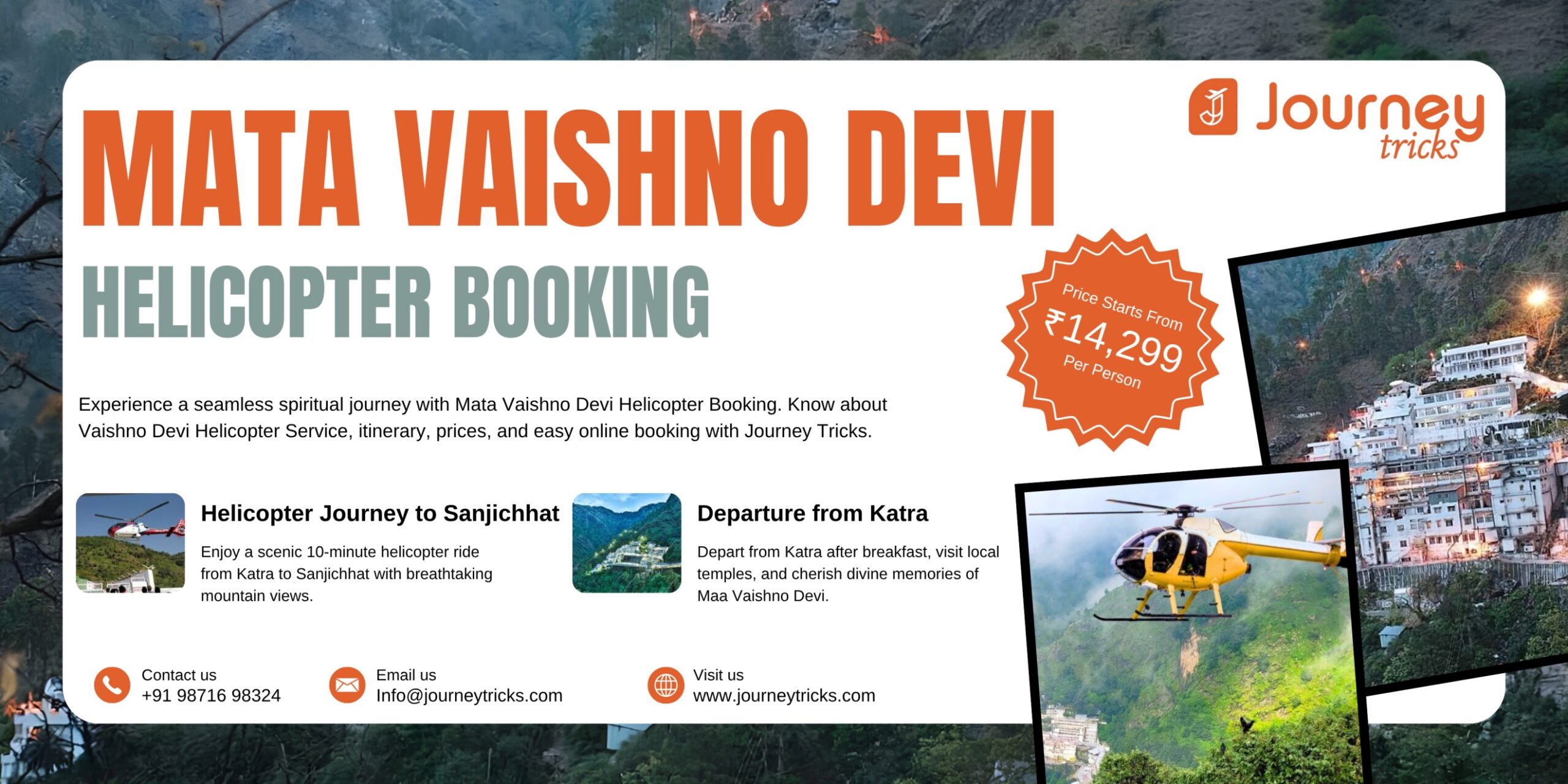 Mata Vaishno Devi helicopter booking banner showing helicopter ride, Katra view, temple images, pricing details, and Journey Tricks contact information.
