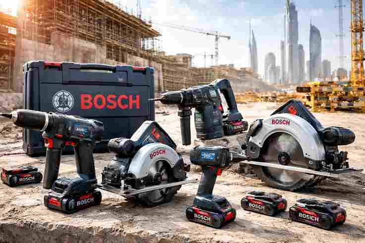 Assorted Bosch tools displayed on a workbench, including drills and power tools used for professional construction tasks